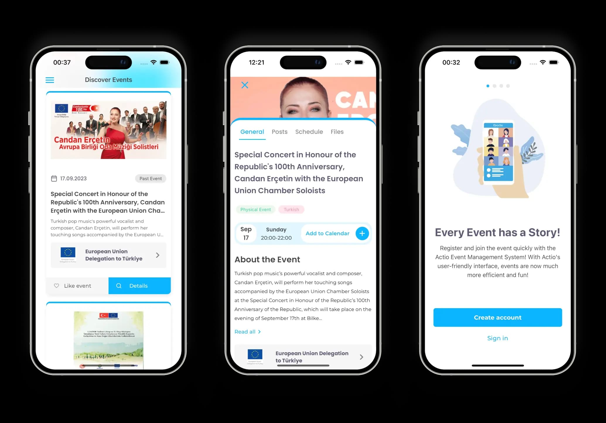 Screens from the Actio app